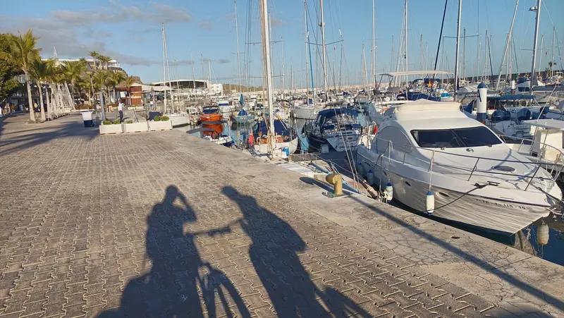 The harbour at Puerto Calero, sheltered behind its arm on a coast with very little natural shelter.