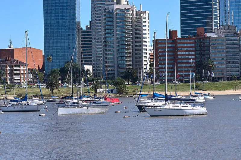 Moored sailboats with the modern towers of the World Trade Center Montevideo standing behind the port.