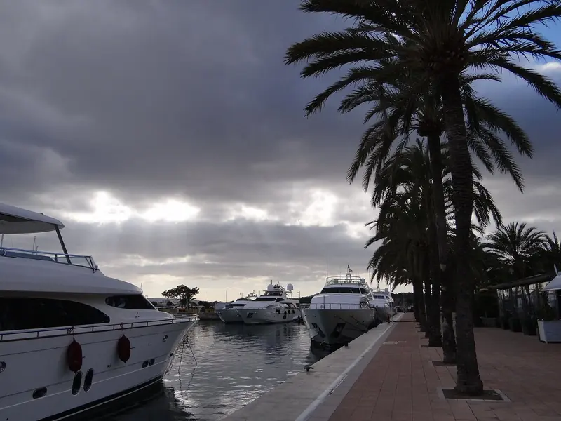 A motor yacht alongside the main quay under the palms.