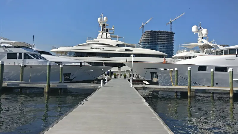 Superyachts on the town docks at Palm Beach, across the Intracoastal from the Rybovich yard. In season this is what the whole waterway looks like.