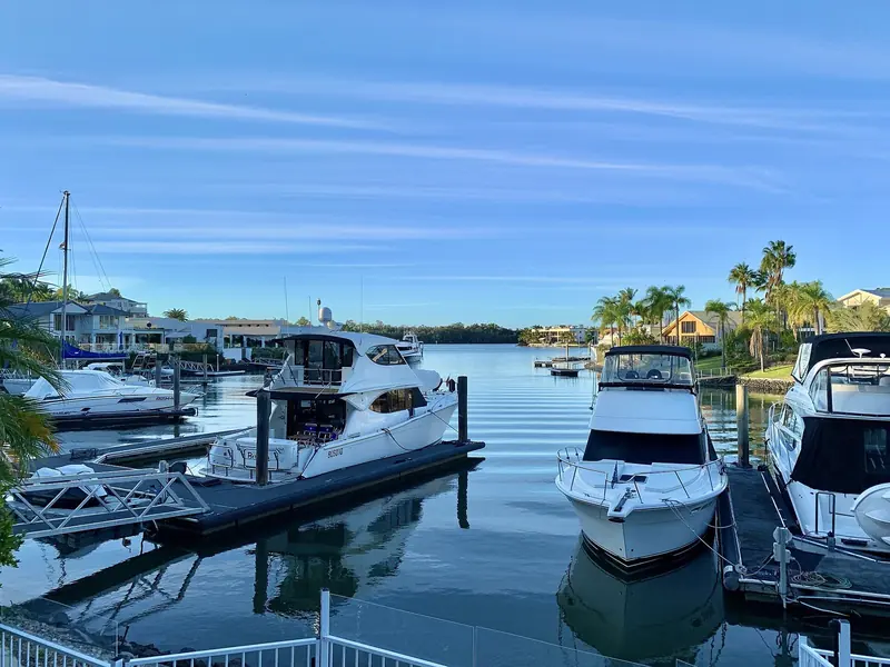 The pontoons at dusk. The marina runs alongside the village, so the walk ashore is short.