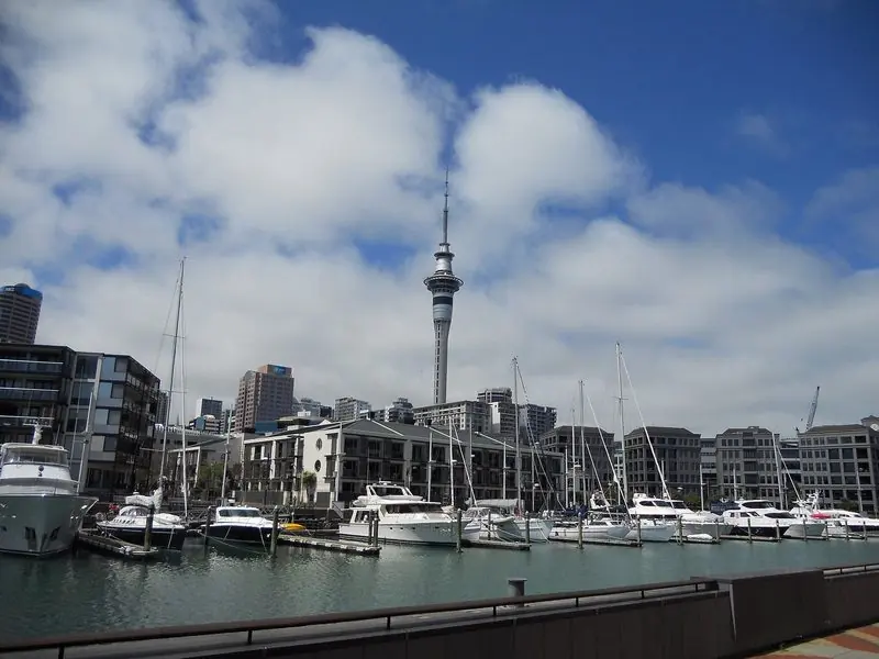 Motor yachts and sailing boats pack the Viaduct Harbour pontoons just east of Silo Park, apartment blocks closing the far side of the basin.