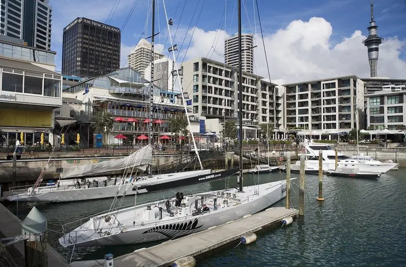 Stripped-out racing yachts occupy the inner pontoons below the bars and terraces, a reminder of how much of this waterfront was built around the America's Cup.
