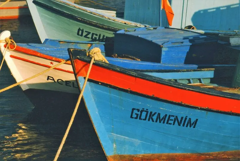 Painted wooden fishing boats lie bow to bow in the old harbour, warps crossing the water between them in low evening light.