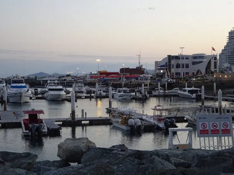 The basin at dusk, with motor boats on the finger pontoons and the promenade buildings behind.