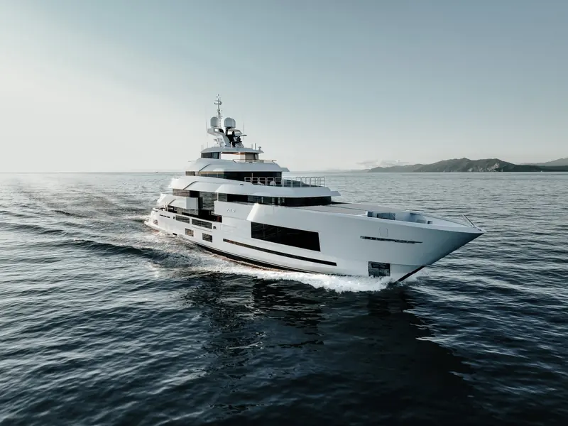 The ADM 70 underway at speed, photographed by Lorenzo Tampucci for Admiral Yachts and used as the model's own header image on the yard's site.