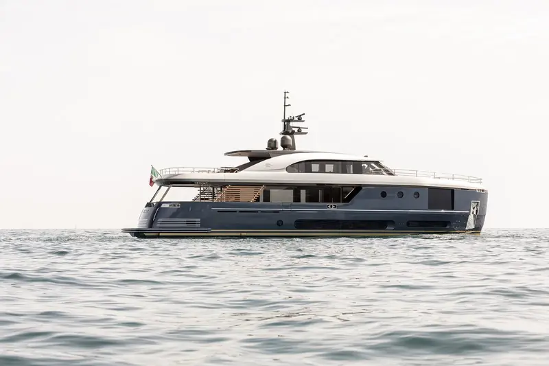 Bow-on under way, the Magellano's raised, flared bow built for open-water passages rather than sheltered coastal runs.