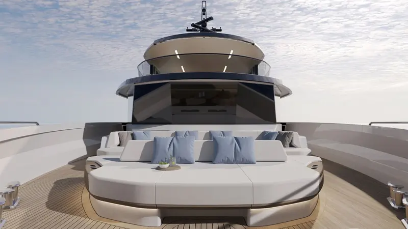 Bering's own rendering of the finished Bering 110's aft deck lounge, Red Yacht Design's exterior concept