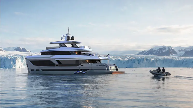 Rendering of the Bering 110 underway past an ice field, illustrating the explorer brief the hull is built for