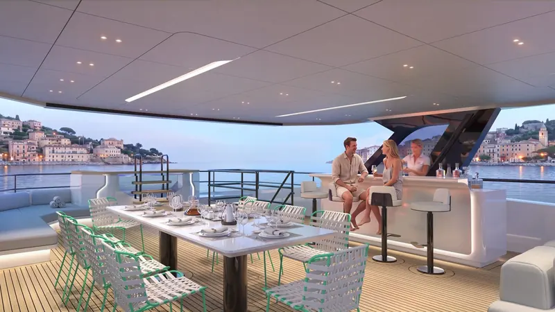 Rendering of the Bering 110's aft deck dining setup, part of Red Yacht Design's interior concept