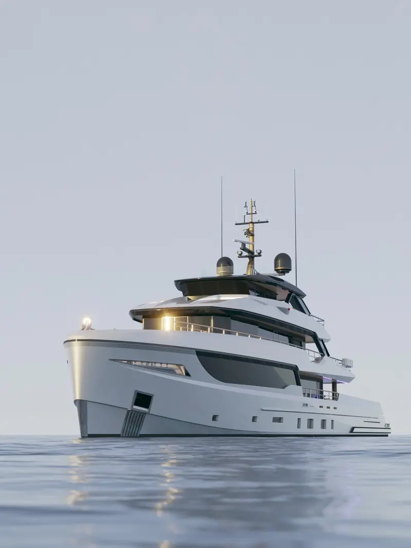 A Bering 88 under way, her raised pilothouse and flybridge dome the platform's signature profile against a clear horizon.