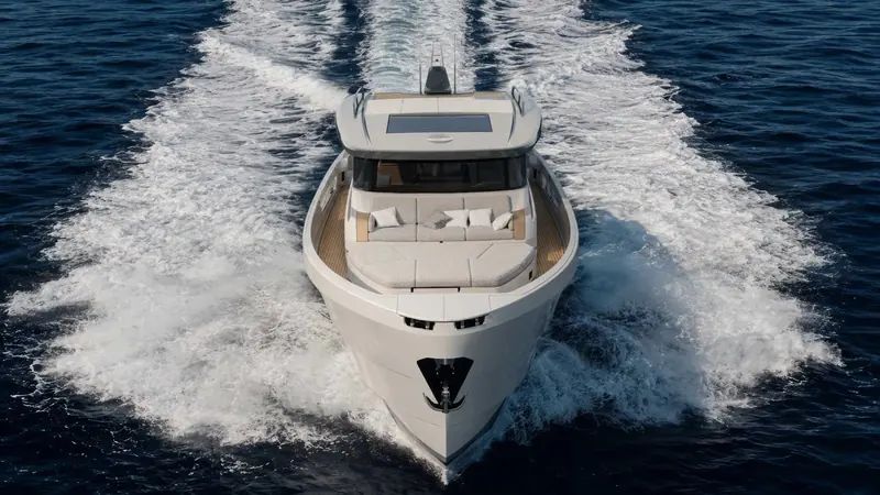 A bow-on view of the BG64 underway, showing the low, open profile Bluegame carries across its range.