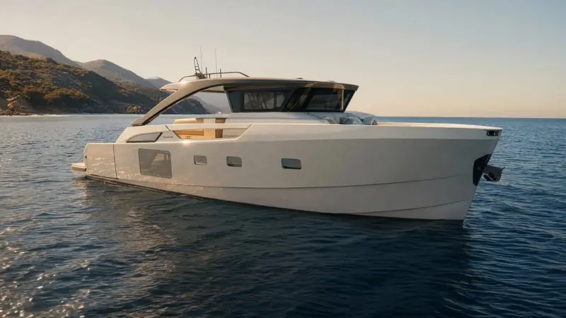 The BG64 at rest, her side profile showing the drop-down terrace and the step between helm and social deck.