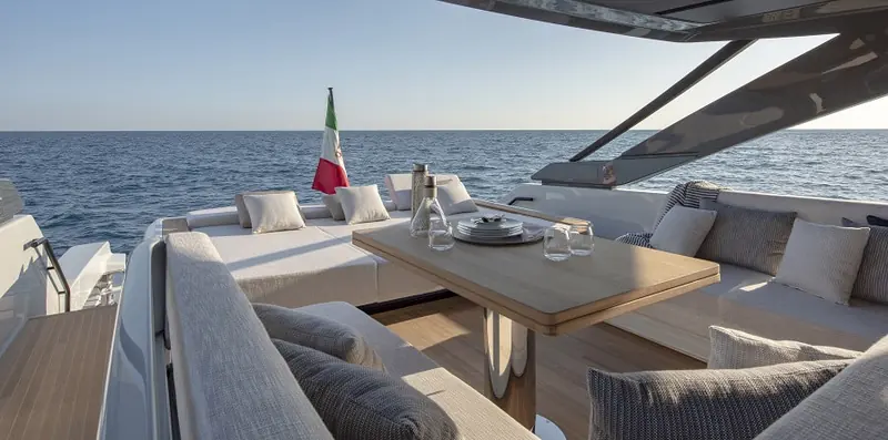 The BG72's flybridge dining table, laid for lunch under way.