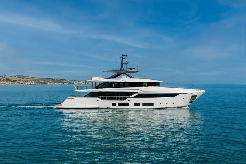 Custom Line's new Navetta 35 under way off the Italian coast, shortly before her world premiere at the Cannes Yachting Festival.