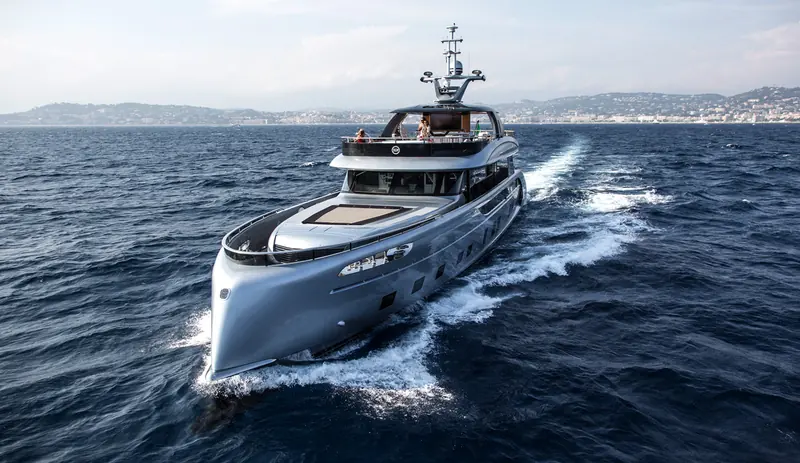 JAABER, hull one of the Dynamiq GTT 115 Hybrid, running bow-on off the French Riviera near Cannes - the Studio F.A. Porsche-designed silhouette that won Best Naval Architecture at the 2018 Boat International Design and Innovation Awards.