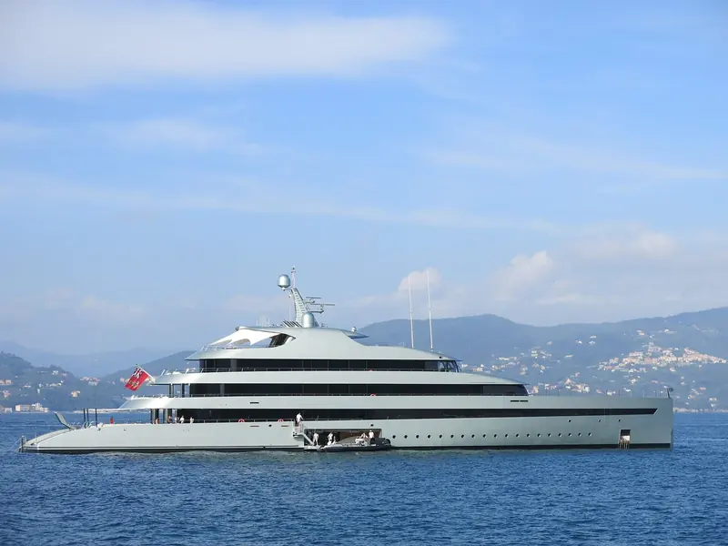 At anchor off the Italian coast - Savannah's hallmark is the single funnel mast rising amidships, feeding her diesel-electric hybrid drive.