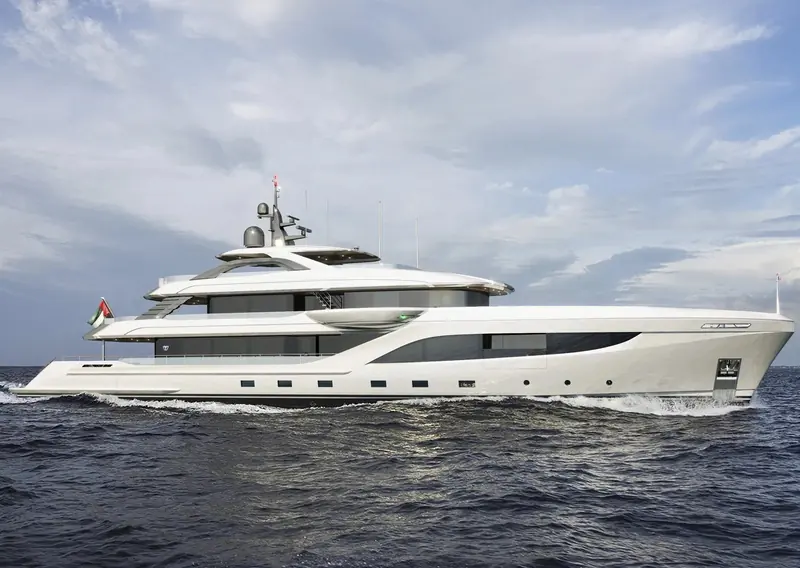 Underway on sea trial off the UAE coast - the reverse sheer and blacked-out glazing that mark Gulf Craft's newest and second-largest composite superyacht.