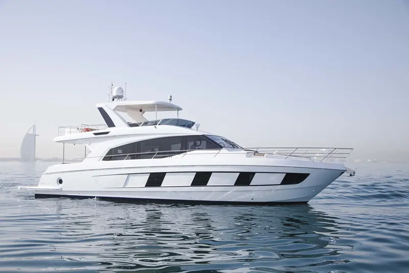 Majesty 62, Gulf Craft's entry point into the Majesty flybridge range, cruising off Dubai in the yard's April 2022 press photoshoot.