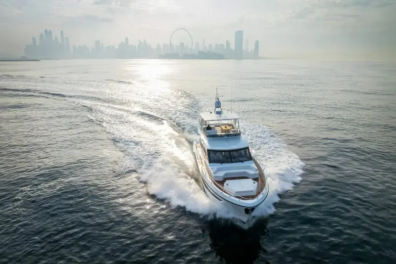 Cruising past a distant skyline, birds skimming the water close to the hull for scale.