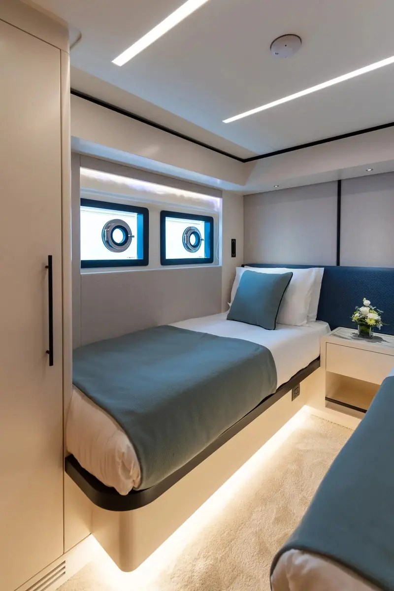 A lower-deck guest cabin. Five of these slept ten guests on the outgoing boat; the 2027 restyle carries four and hands the space to a main-deck owner's suite.