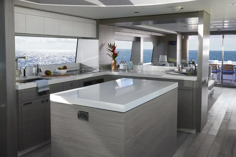 The M75 Panacera galley, open to the saloon rather than closed off below.