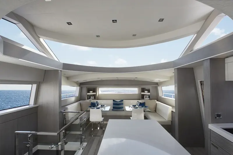 The M75 Panacera pilothouse and lower helm, glazed on three sides.