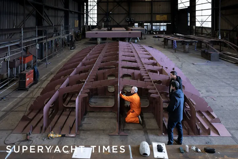 The hull frames of Project Grace, the first Heesen 50m Steel FDHF, laid out in the yard's construction shed for keel laying in December 2024, with delivery scheduled for 2028.