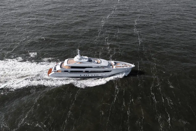 Pa'lante underway in the North Sea shortly after her June 2026 delivery, the Heesen Steel series' shark-tooth superstructure line visible from above.