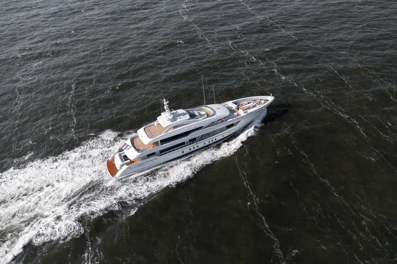 The broadside profile under grey Dutch skies, the more overcast of the delivery-cruise frames and a useful check against the brighter promotional angle above.