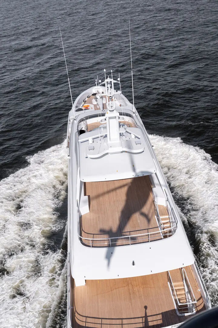 Looking straight down over the foredeck during North Sea sea trials in May 2026, a month before the christening - the deck still carried the project name Frida at this point.