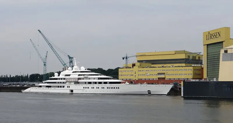 Azzam alongside the Lurssen yard in Lemwerder, Germany, where the yacht was built and delivered in 2013 as the longest yacht in the world.
