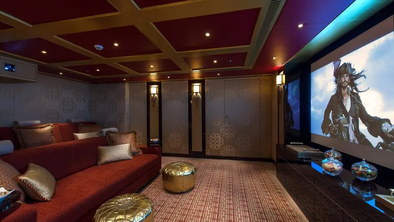 The tank-deck cinema, one of the rooms HBO used when Solandge stood in for the Roy family's yacht in the Succession season two finale.