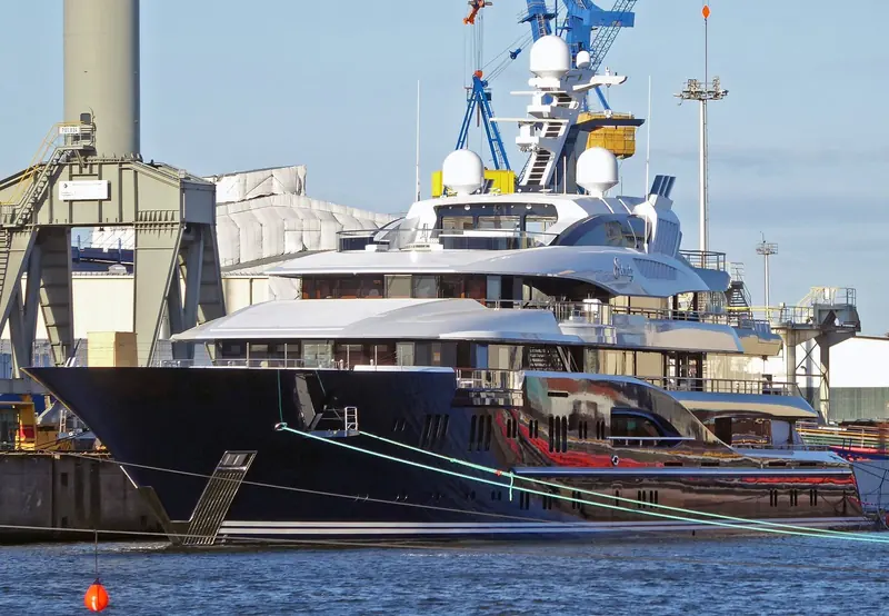 Solandge alongside in Hamburg in May 2024, more than a decade after her 2013 delivery, showing the yacht still in dark-hull livery during a later visit to Germany.