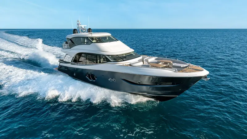Under way at speed, the vacuum-infused GRP and carbon-fibre hull keeping the yacht light for her length.