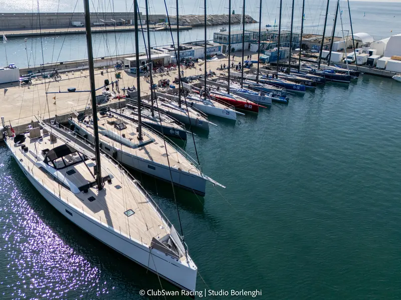 ClubSwan 50s rafted dockside between races.