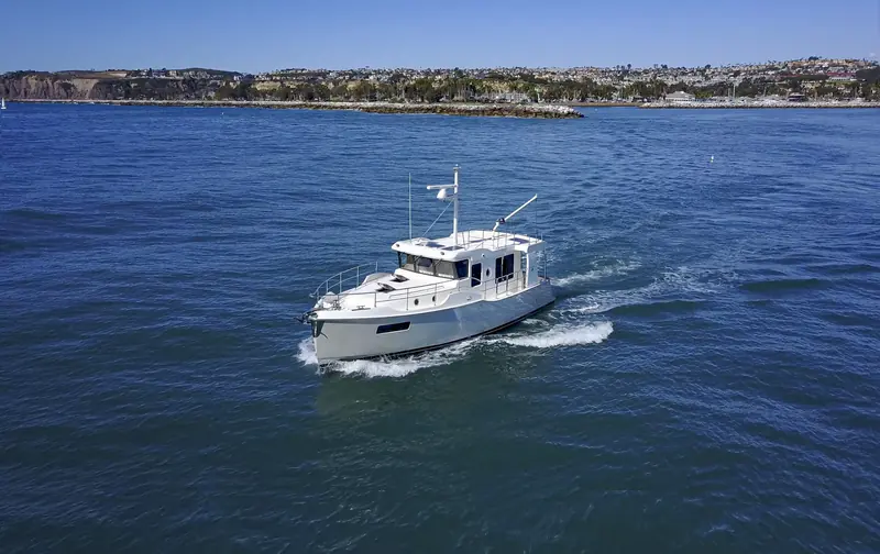 A Nordhavn 41 alongside Dana Point harbor, home port of builder Pacific Asian Enterprises.