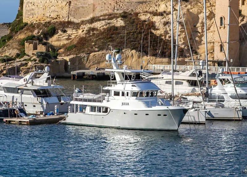 The Nordhavn 60 Julia II at anchor in Grand Harbour, Malta.