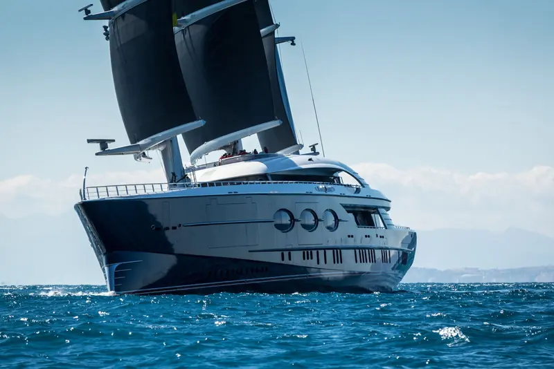Black Pearl under way off the French Riviera, her three 70-metre carbon DynaRig masts and 2,900 square metres of black sail fully set.
