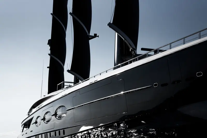A close rendering of the raised black funnel and mast structure amidships, the tallest part of the concept's silhouette.