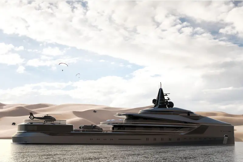 Oceanco's desert-set rendering of Esquel, shown with a helicopter on the foredeck and off-road toys on the open aft deck - the expedition-garage concept the design was built to carry.
