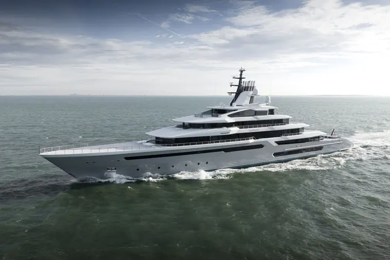 Leviathan's broadside profile off the Dutch coast during sea trials, showing the stepped superstructure and low, dark window band Oceanco's in-house team drew for the 4,970 GT hull.