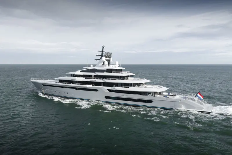 Leviathan under way in Dutch coastal waters during the final commissioning period before her 12 November 2025 handover to owner Gabe Newell.
