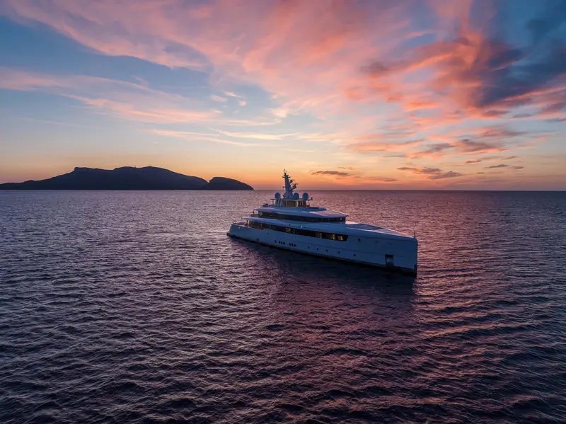 Lasata at anchor off the Balearics at sunset, her flat, uninterrupted sheer line and single continuous window band running the full length of the superstructure.