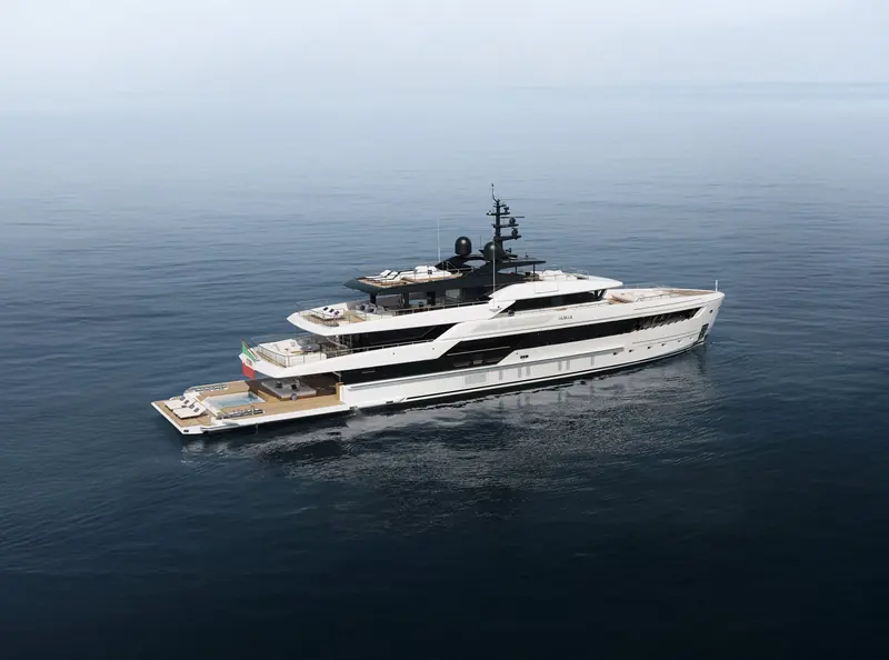 A broadside view underway, showing the continuous glazing along the main-deck saloon.