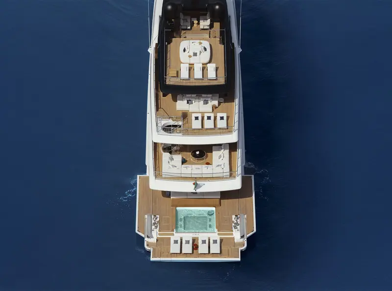 Overhead of the foredeck, with sun loungers and a spa pool set into the bow.