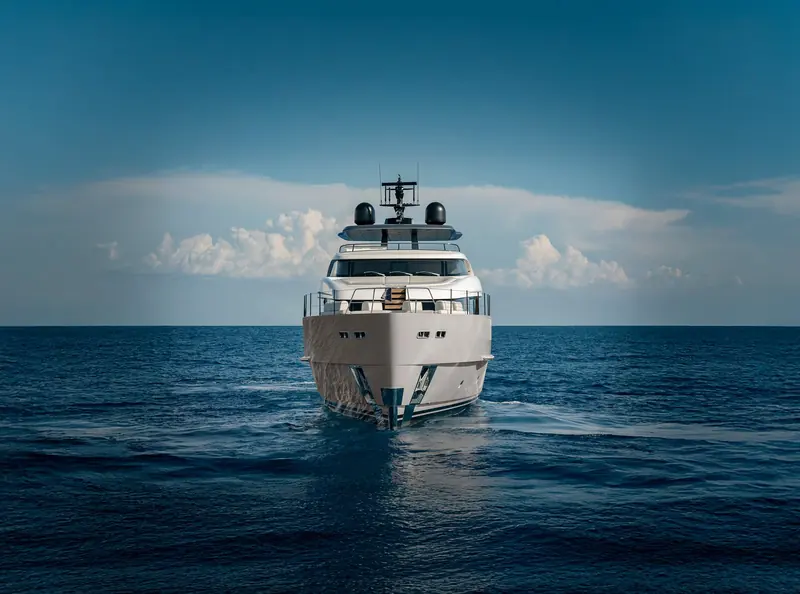 Bow-on view of the SD90 at speed, a light wake spreading behind the hull.