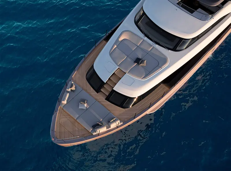 Directly overhead, showing the SD90's foredeck lounge and the full sundeck layout.