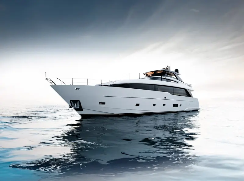A broadside cruising shot against a moody sky, wake trailing flat astern.