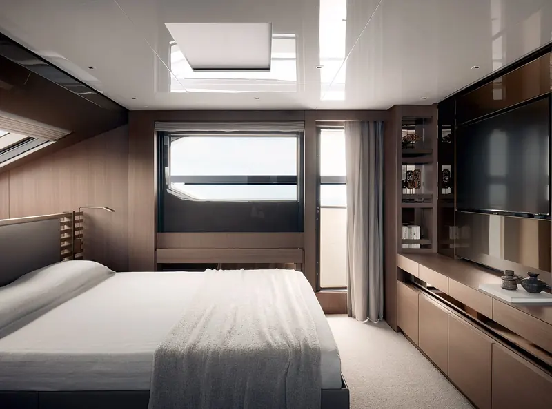 A guest cabin with built-in joinery and a skylight over the berth.